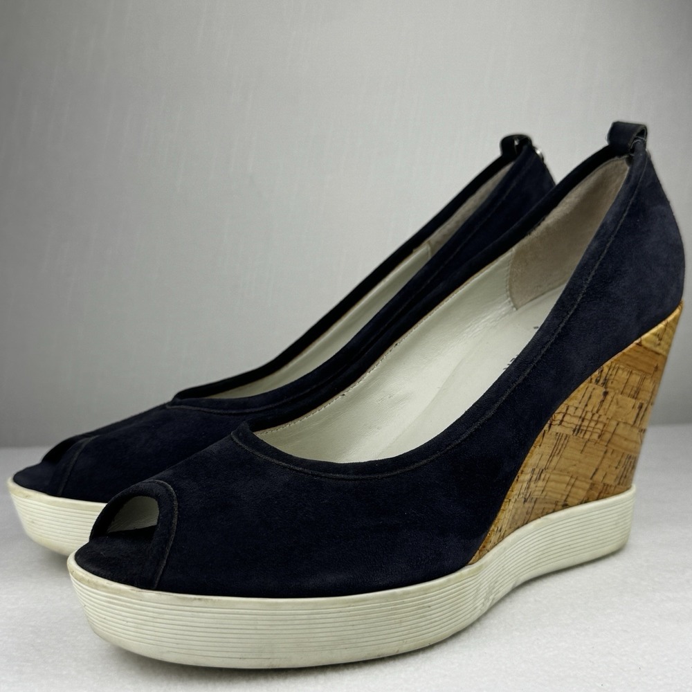 DONALD J PLINER Carli Blue Suede Cork Open Peep Toe Wedges Size 9